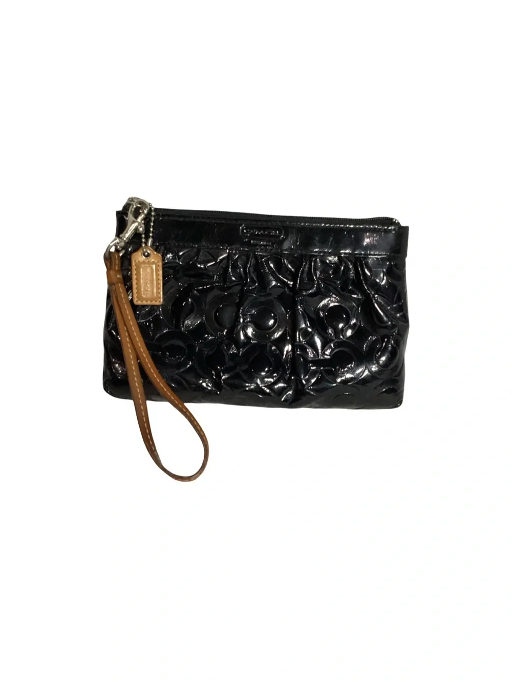 COACH Black Signature Embossed C Patent Leather Bag with Charm & Wrist Strap